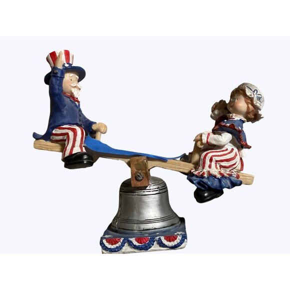 Patriotic Uncle Sam and Lady Liberty Seesaw Figurine On Liberty Bell Base - Picture 3 of 16